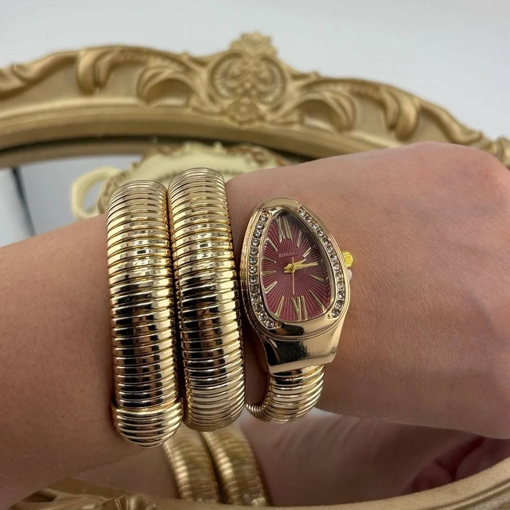 Serpenti Wrap Bracelet Watch – Gold Tone / Burgundy Dial ✨